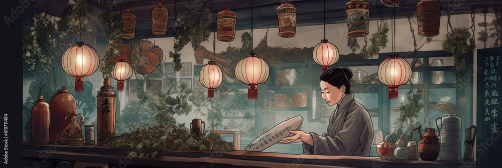 Poster a man sitting at a table reading a book. generative ai image.
