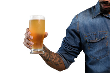 beer glass, male hand holds a glass with cold beer, foam on top of beer glass