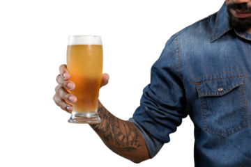 beer glass, male hand holds a glass with cold beer, foam on top of beer glass