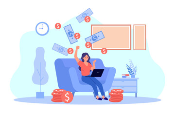 Cash falling on happy woman sitting on sofa with laptop. Smiling girl with financial freedom earning money passively while at home vector illustration. Passive income, finances, investment concept