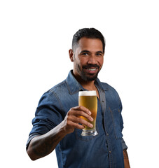 man holding a glass with beer and looking at the camera makes a gesture offering the drink,