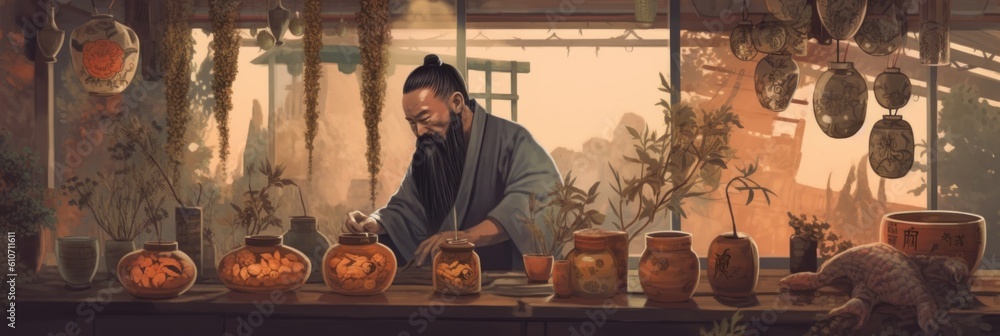 Aufkleber a man standing in front of a table filled with vases. generative ai image.
