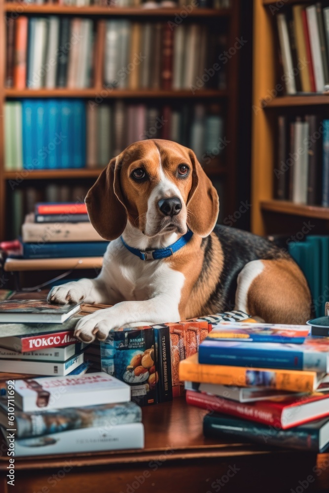 Poster a dog laying on a table in front of a bookshelf. generative ai image.