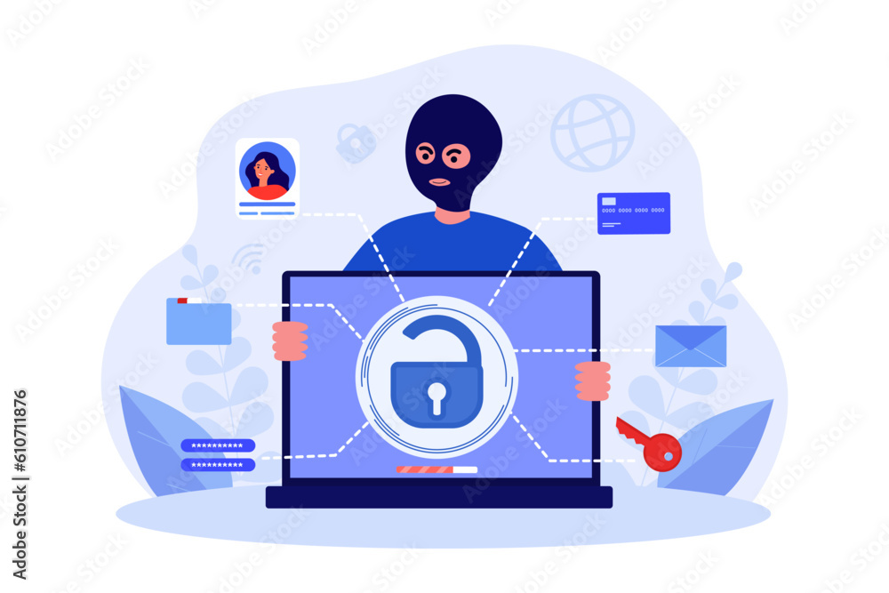 Poster thief in mask stealing computer vector illustration. laptop with lock on screen, hacker getting acce
