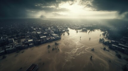Natural disaster. Flood water in city. AI generative image.