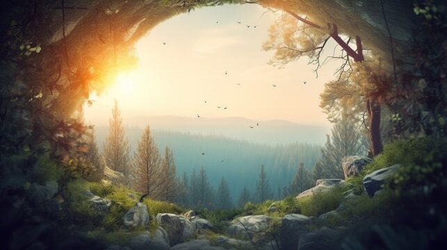 Dreamy Fantasy forest background with copy-space. AI generative image.