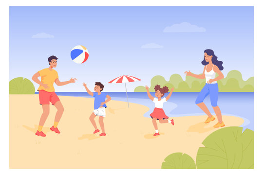 Family having quality time on beach vector illustration. Happy parents and children playing with ball together on sea shore. Family reunion, healthy lifestyle, travel, summer activity concept