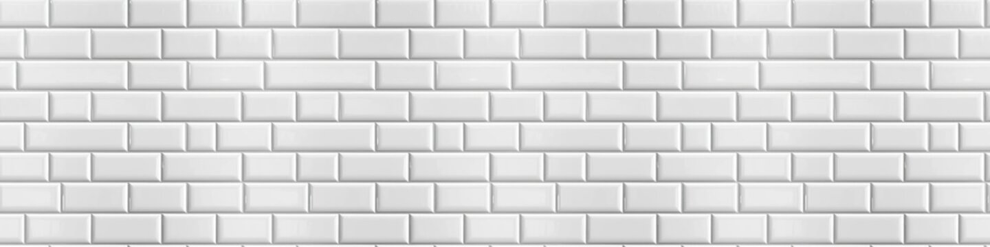 White light brick subway tiles ceramic wall texture wide tile background banner panorama, seamless pattern Generative AI