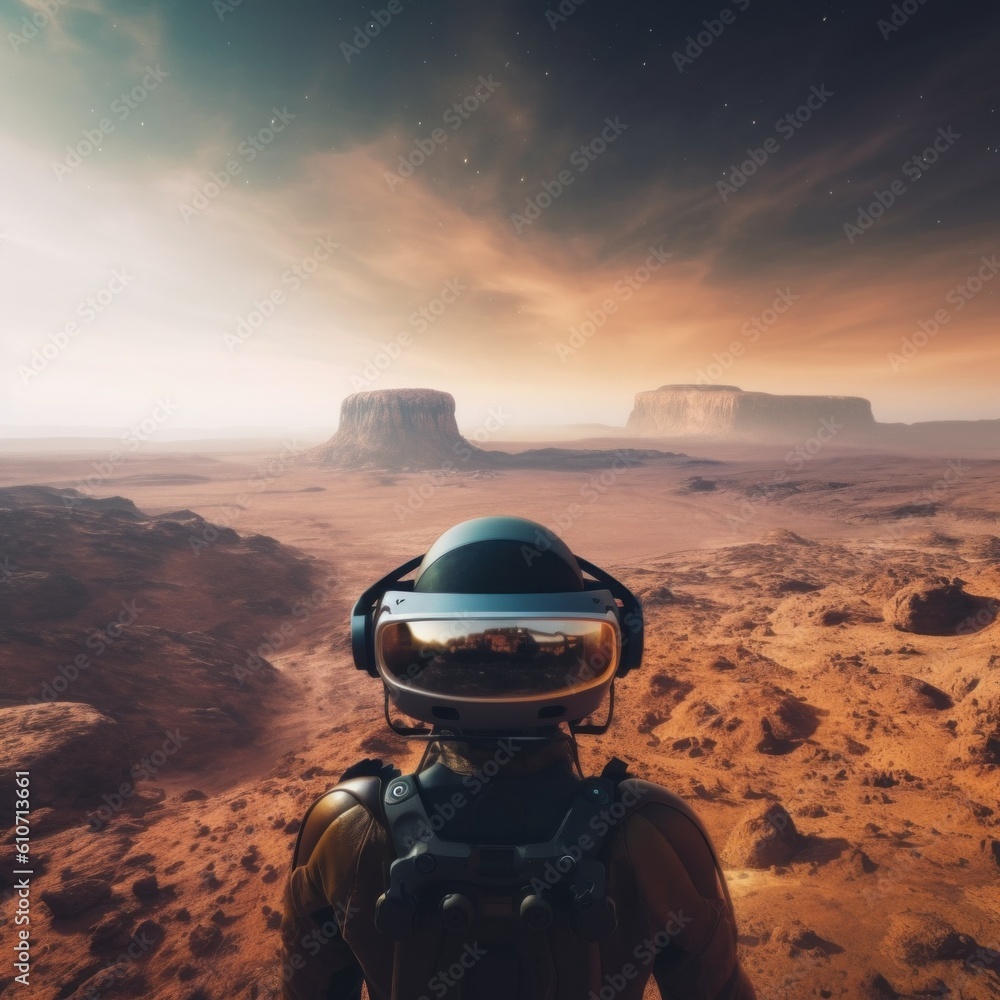 Poster a man in a space suit standing in the desert. generative ai image.
