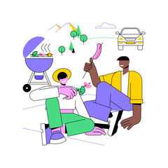 BBQ spot isolated cartoon vector illustrations. Smiling couple spending time in the nature, preparing BBQ, people lifestyle, adventure with a van, romantic road trip vector cartoon.