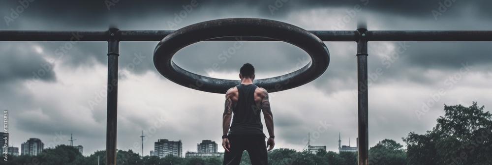 Poster a man is standing in front of a large tire. generative ai image.