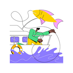 Saltwater fishing isolated cartoon vector illustrations. Man catches a big fish from ocean standing in yacht, people lifestyle, holds deep sea haul, get a trophy, recreation day vector cartoon.