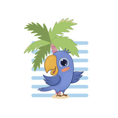 Funny bright summer print with parrot. Ideal for the design of kids T-shirts, clothing and accessories.