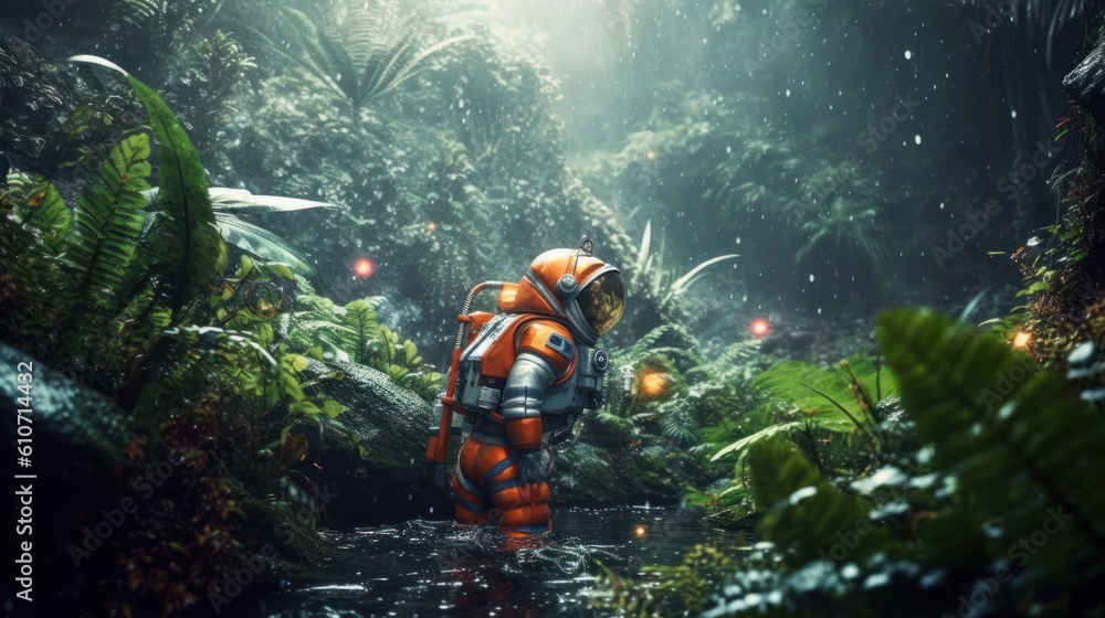 Wall mural astronaut exploring the rainforest generative ai