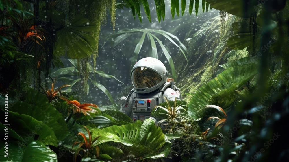 Wall mural astronaut exploring the rainforest generative ai