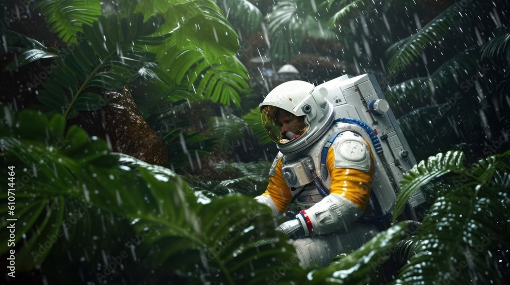 Wall mural astronaut exploring the rainforest generative ai