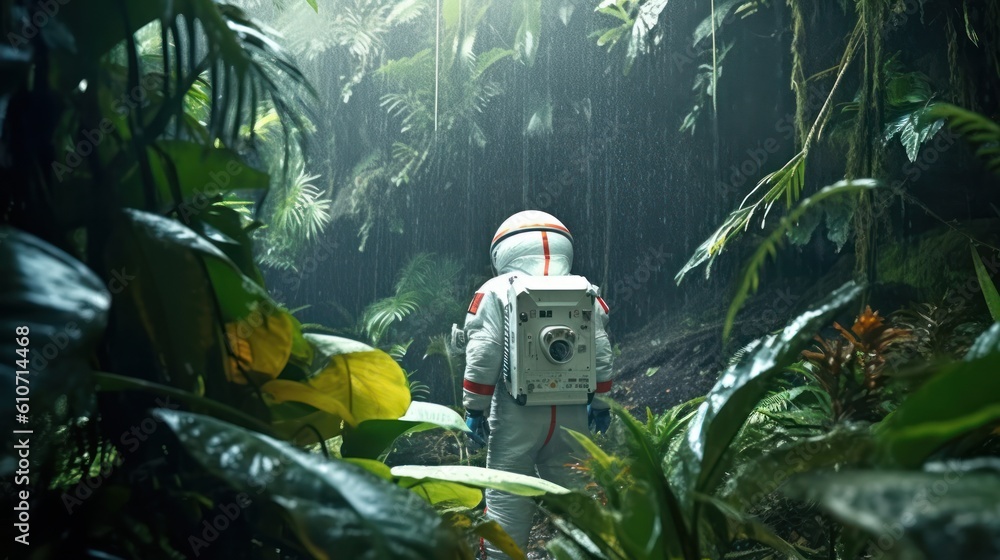 Wall mural astronaut exploring the rainforest generative ai