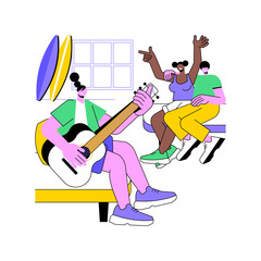 Hostel life isolated cartoon vector illustrations. Smiling people have fun with guitar in the hostel during concept tour, traveling with friends, surf camp holidays vector cartoon.