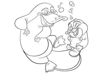 Coloring page with the image of cutes Platypus. Children's color draw book and activity game. Vector Platypus sheet icon.