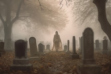 An evocative image of a ghostly figure wandering through an old cemetery, shrouded in mist, highlighting the connection between the supernatural and the mortal realm. Generative Ai