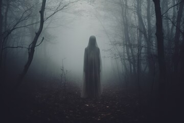 A haunting image of a ghostly figure emerging from the mist in a dense forest, evoking an eerie and mysterious atmosphere. Generative AI - obrazy, fototapety, plakaty