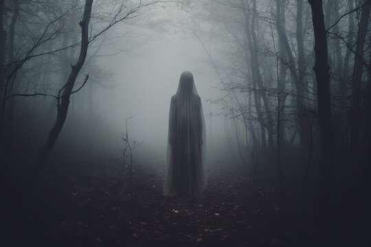A haunting image of a ghostly figure emerging from the mist in a dense forest, evoking an eerie and mysterious atmosphere. Generative AI