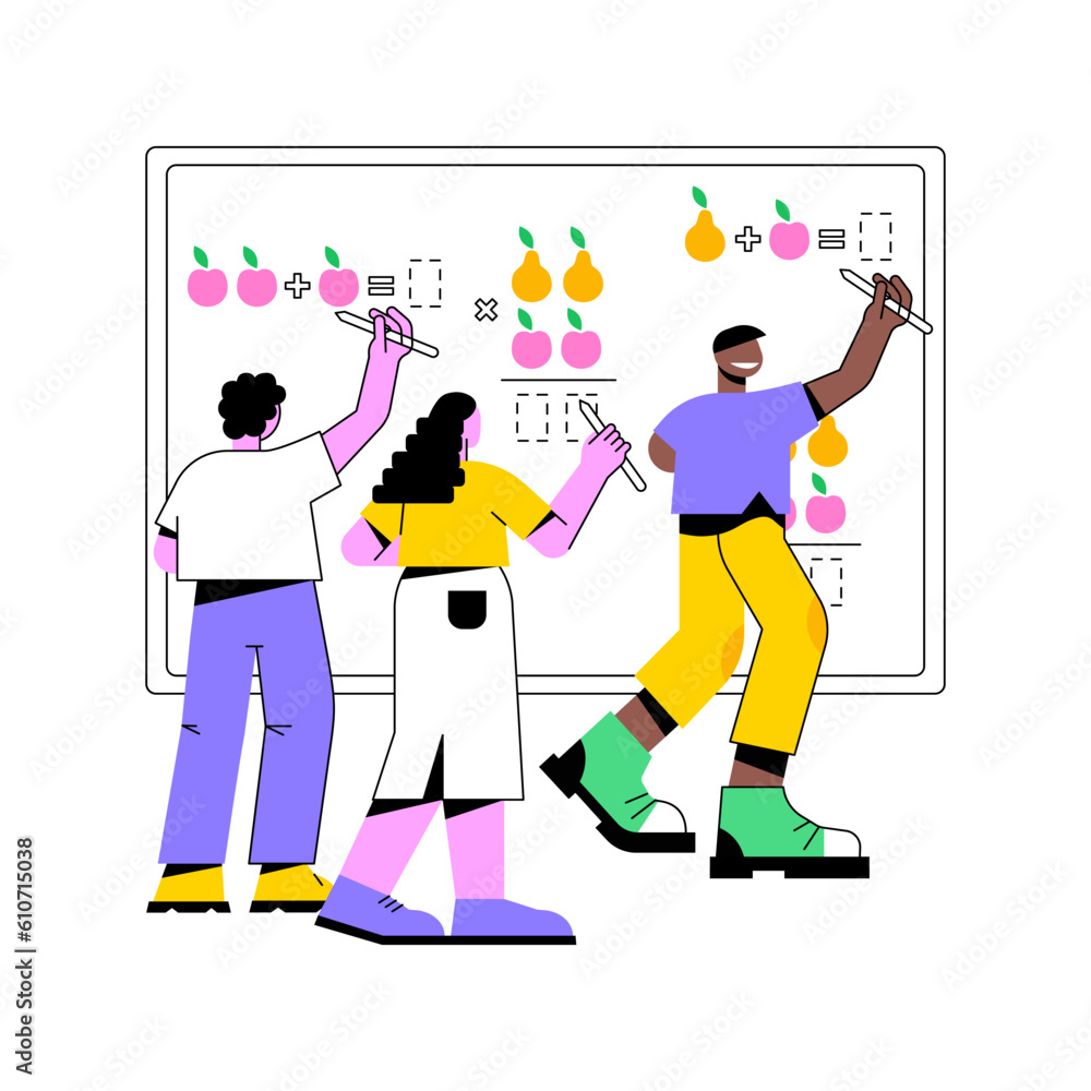 Poster interactive whiteboard isolated cartoon vector illustrations. group of diverse kids using interactiv