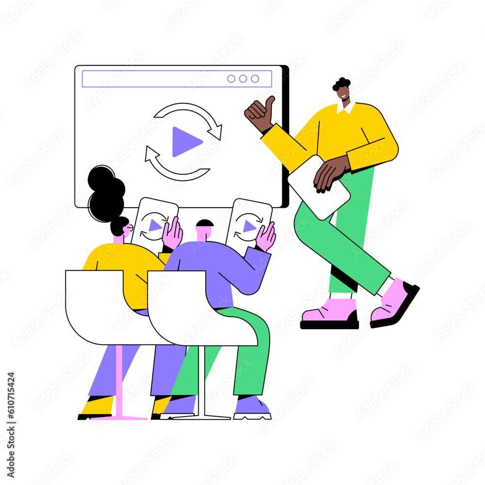 Poster synchronized access isolated cartoon vector illustrations. group of people discussing plans together