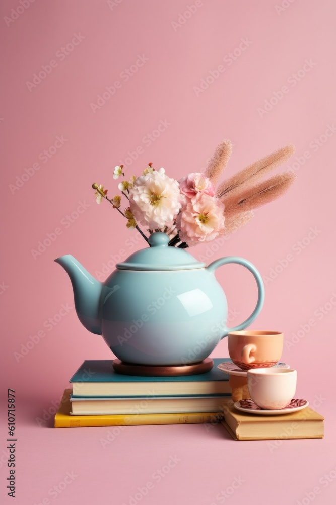 Poster a teapot with flowers and a cup of coffee on a stack of books. generative ai image.