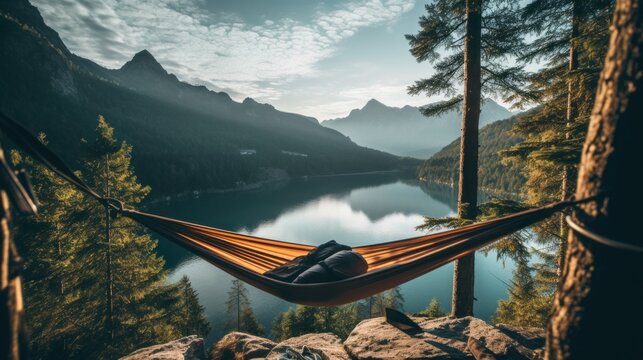 A hammock with a view of a lake and mountains. Generative AI image.
