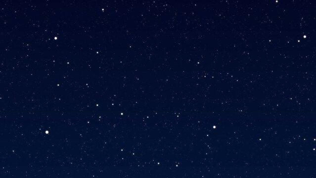 White balls are flying on a dark blue background . Animation simulating snow falling or flying through snow .