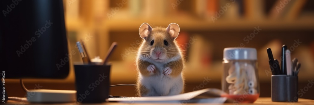 Poster a hamster sitting on top of a desk next to a computer. generative ai image.