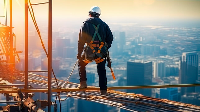 Construction engineer worker at heights,architecture sci-fi construction working platform on top of building. Generative AI
