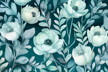 Generative AI, Watercolor background with ranunculus and eucalyptus in blue colors. Card for invitation , holiday, birthday, wedding. printed products