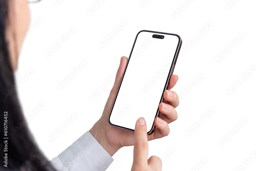 Aufkleber woman use app on smartphone with transparent screen and background for effective app presentations. 