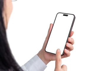 Woman use app on smartphone with transparent screen and background for effective app presentations. Transparent screen and background