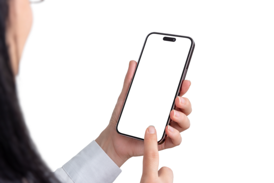 Woman use app on smartphone with transparent screen and background for effective app presentations. Transparent screen and background