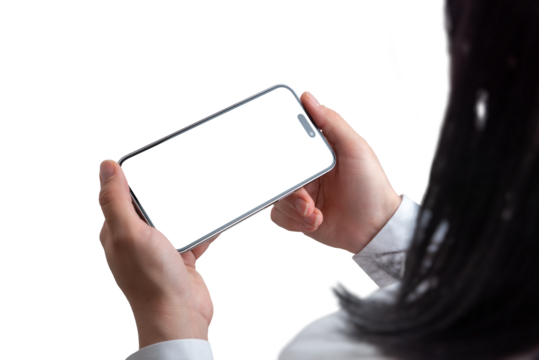 Woman holding smartphone in horizontal position. Isolated, transparent screen and background. Concept of watching movies or playing games on mobile phone