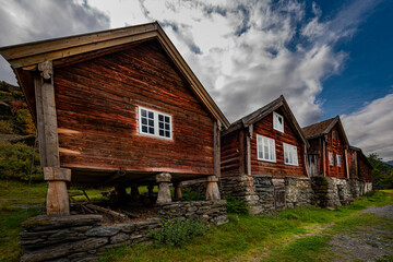 Fototapeta na wymiar Traditional Historical Norwegian Houses Otternes Bygdetun, Aurlands Fjord, Sogn og Fjordane, Norway