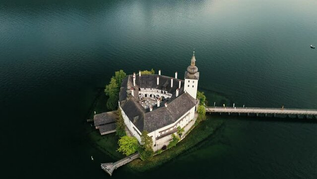 Aerial view of the Schloss Ort in Gmunden at lake Traunsee in Upper Austria . 
