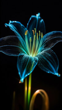 Crystal transparent lily on a dark background. Blue and red colors.