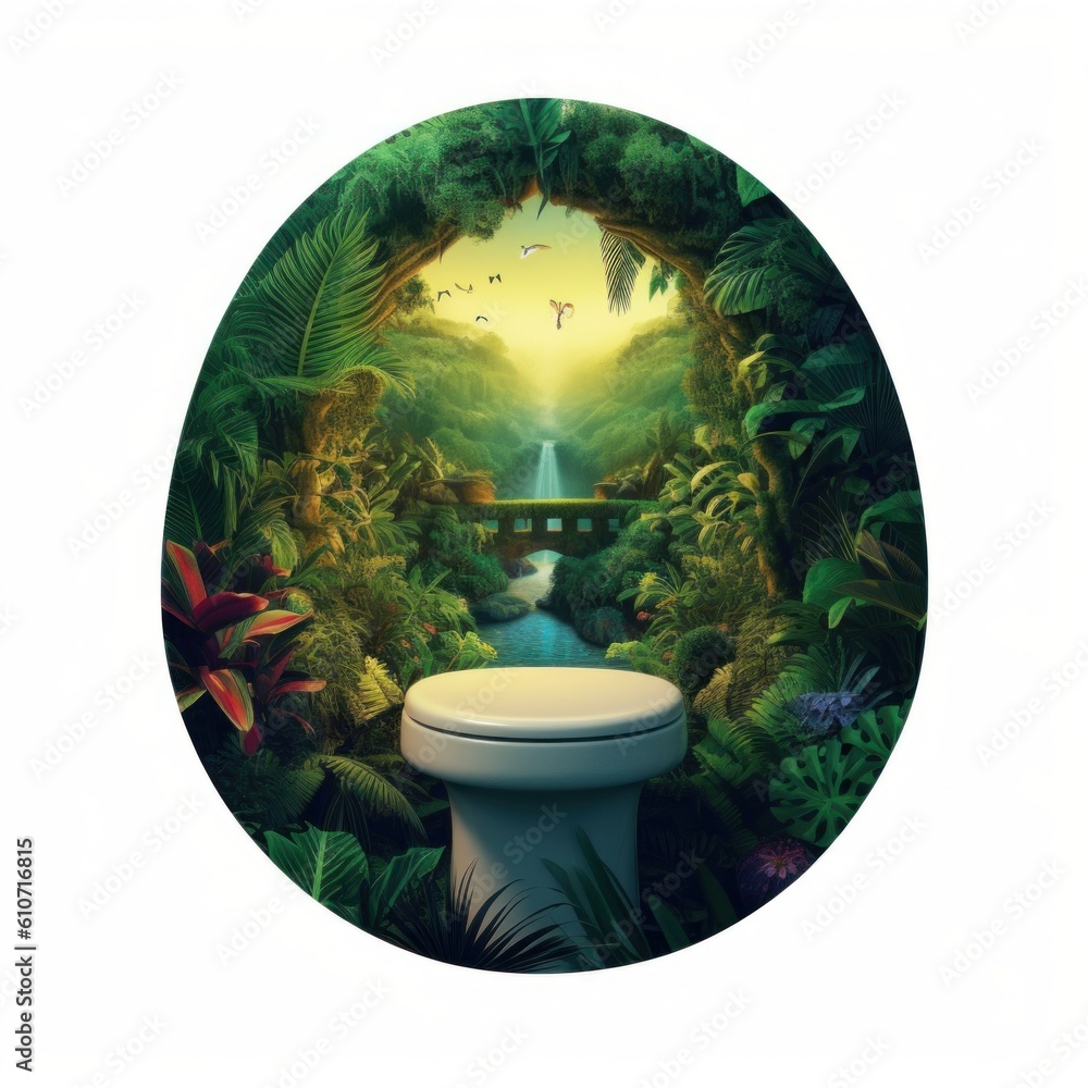 Poster a toilet with a picture of a waterfall in the background. generative ai image.