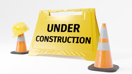 Under Construction Icon with Hard Hat and Traffic Cone on Vibrant White Background.