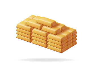 3D Golden Bars Stack Isolated on White. Render Heap of Golden Bricks Solid Money. Concept of Banking or Financial Success. Investment or Commercial Profit Savings. Cartoon Vector Illustration