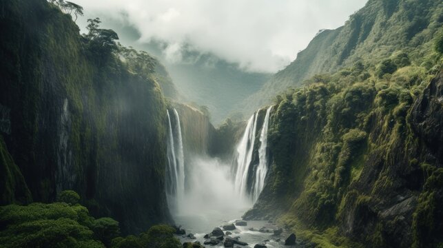 Breathtaking scene featuring a massive waterfall cascading down a rocky cliff, surrounded by lush vegetation and mist