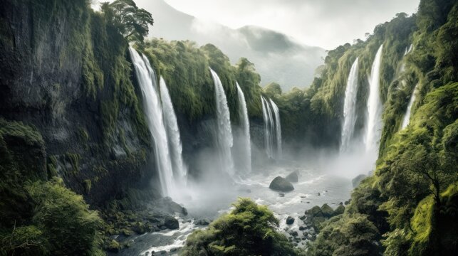 Breathtaking scene featuring a massive waterfall cascading down a rocky cliff, surrounded by lush vegetation and mist