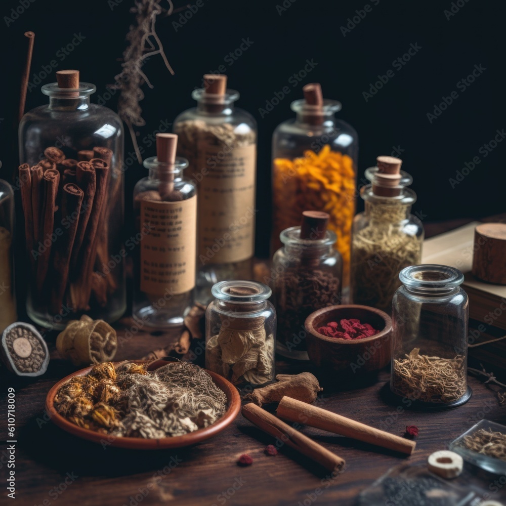 Poster a wooden table topped with jars filled with spices. generative ai image.