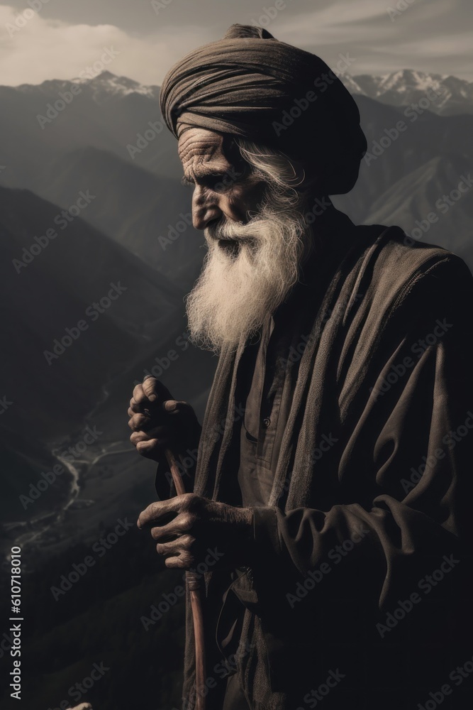 Poster a man with a long beard and a long stick. generative ai image.