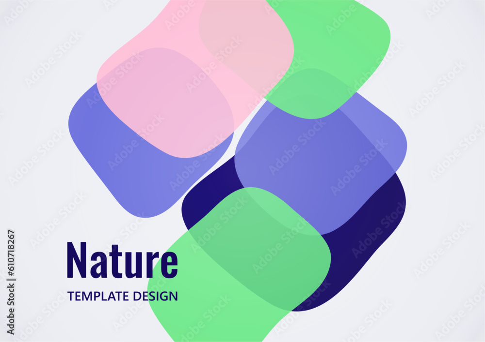 Poster geometric composition with a transparent overlay of colored rounded, square shapes. vector.