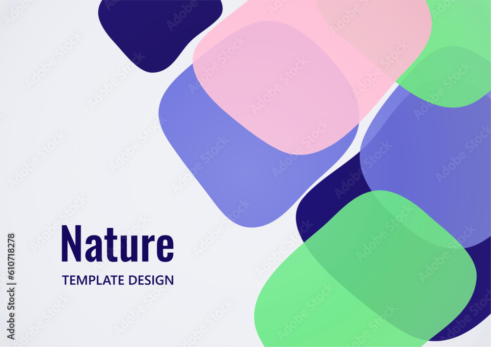 Poster geometric composition with a transparent overlay of colored rounded, square shapes. vector.